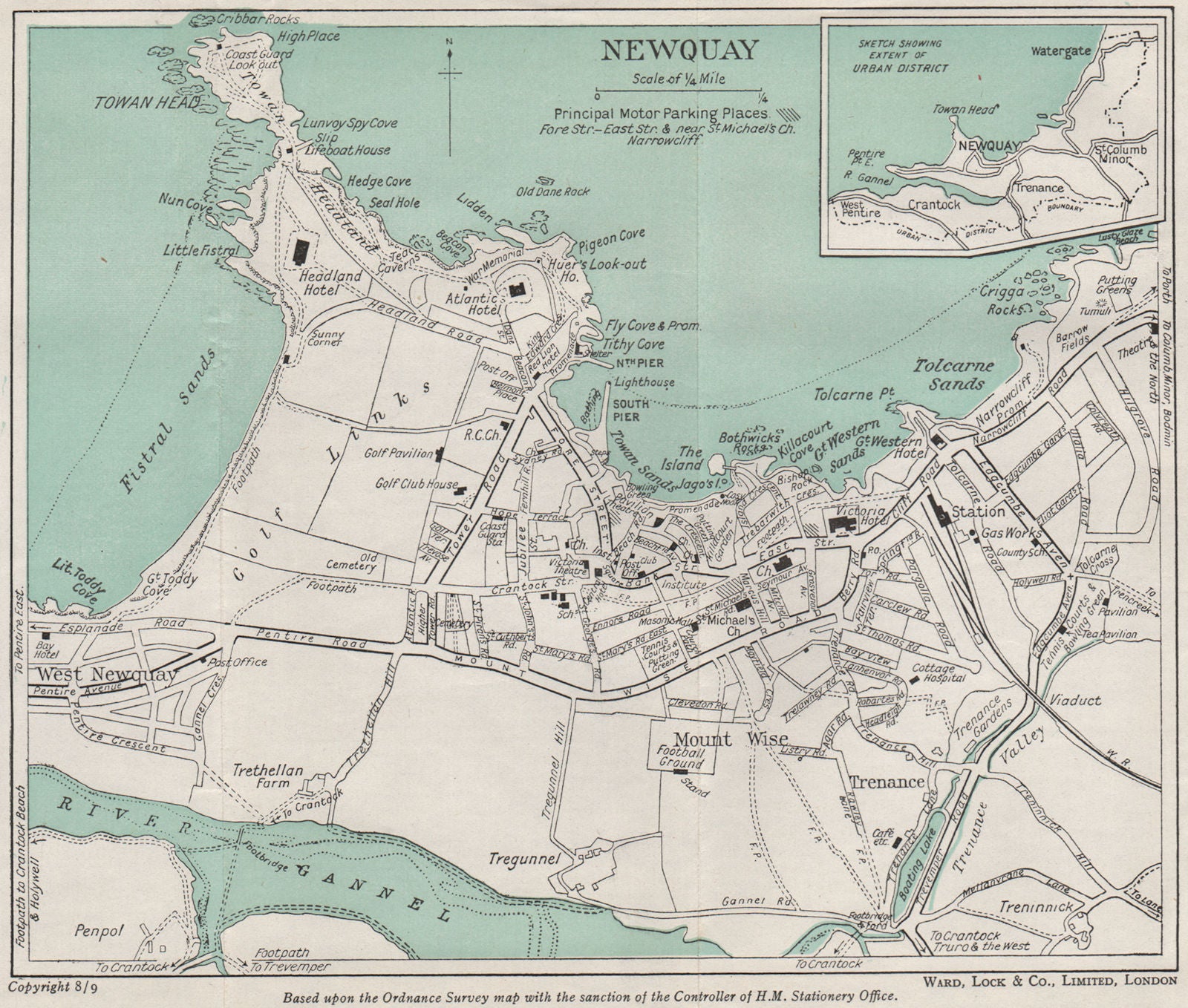 NEWQUAY vintage town/city plan. Cornwall. WARD LOCK 1948 old vintage map chart